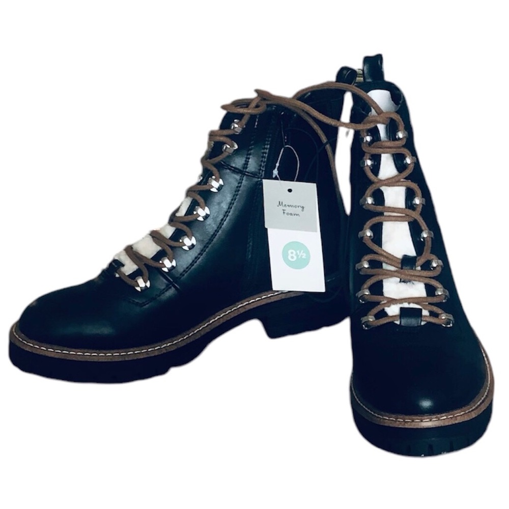 Leighton Black Faux Leather Hiking Military Style Ankle Boots